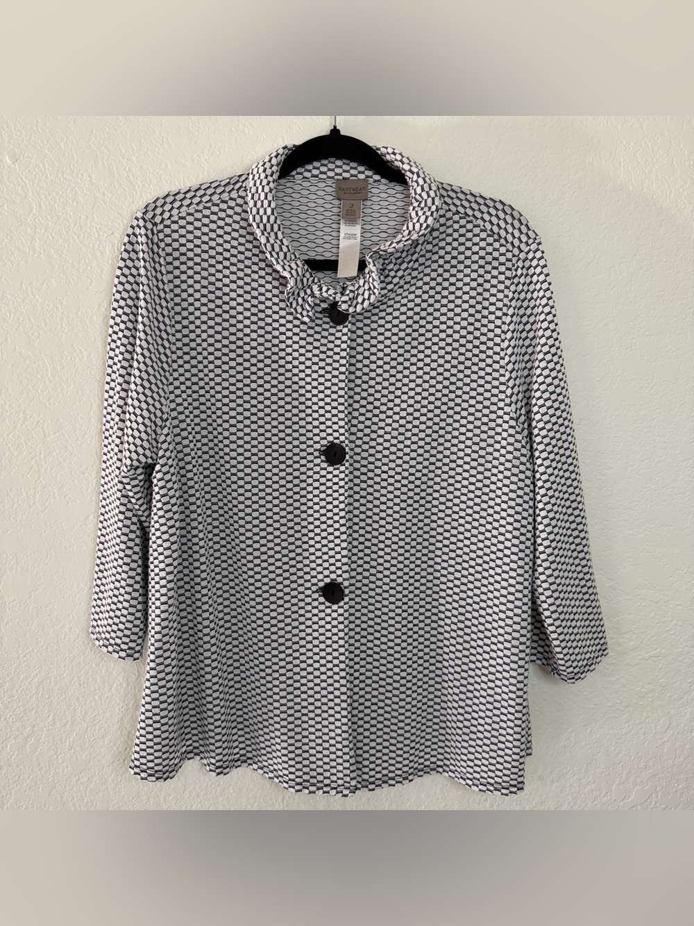 Chico's Easywear Black & White Button Front Blouse Top 3/4 Sleeve Women’s Large